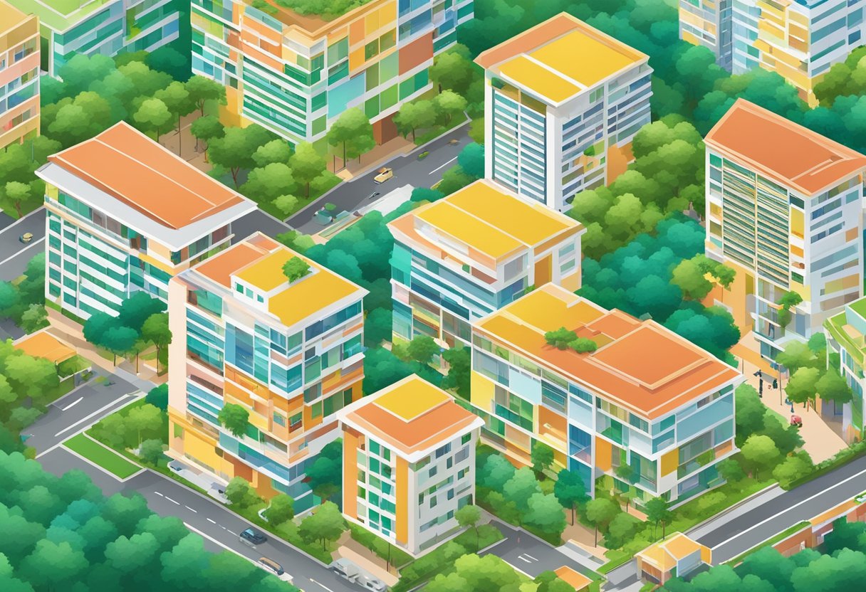 A bird's eye view of colorful HDB buildings in Singapore, with lush greenery and bustling streets below