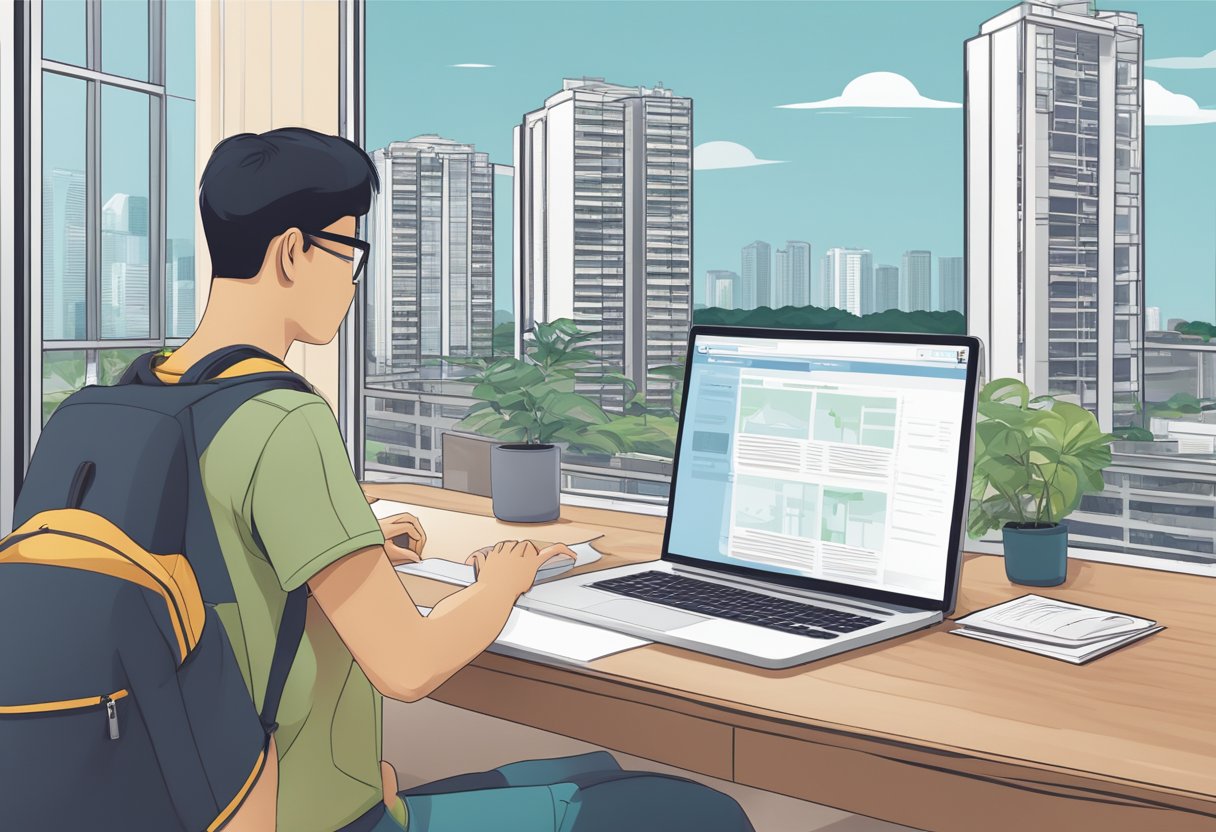 A person browsing online listings for HDB rental in Singapore, with a laptop and paperwork on a desk