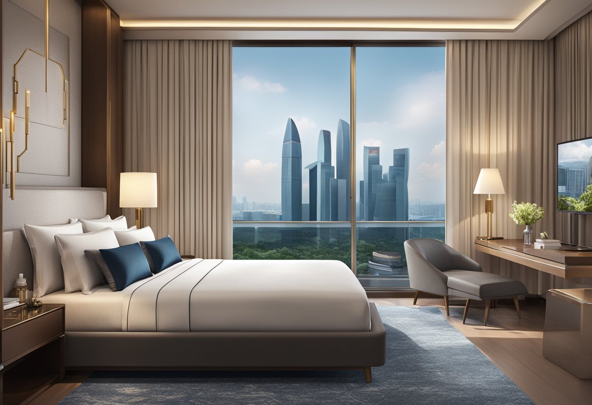 A luxurious hotel suite in Singapore, with a panoramic view of the city skyline, modern furnishings, and a plush king-sized bed