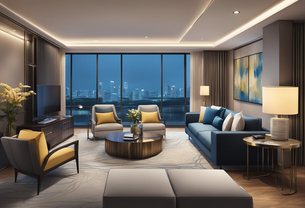 A luxurious hotel suite in Singapore, with modern furnishings, city views, and elegant decor