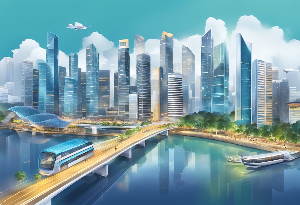A bustling cityscape with iconic engineering structures and innovative technology, showcasing the impact of IES in Singapore's engineering landscape