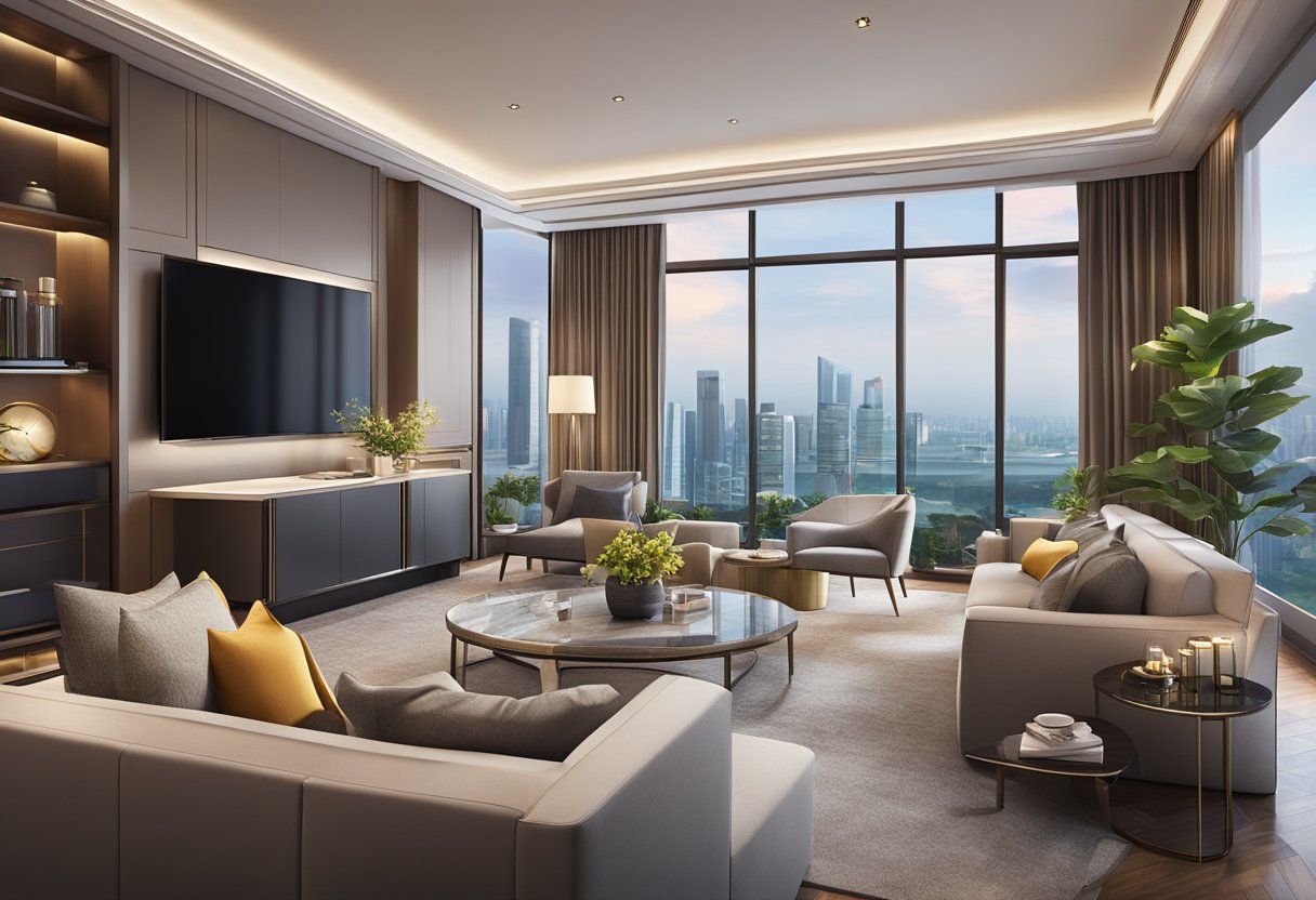 A luxurious hotel suite in Singapore with modern amenities and additional services, including a spacious living area, a well-equipped kitchen, and a stunning view of the city skyline