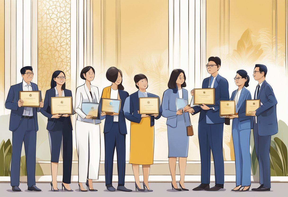 A group of professionals receive awards and certificates at a prestigious event in Singapore, celebrating their achievements and career advancement