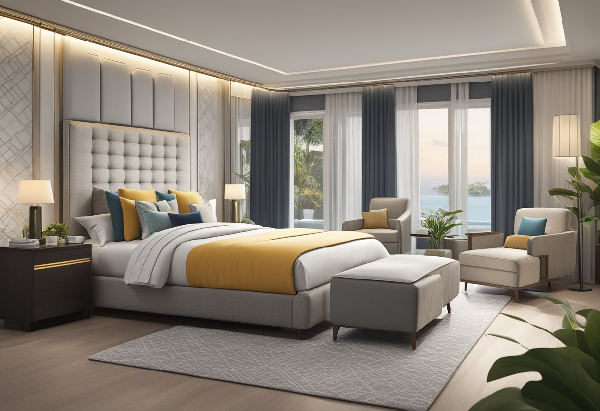 A luxurious bedroom with a King Koil mattress, adorned with elegant bedding and surrounded by modern furniture in a stylish Singaporean setting