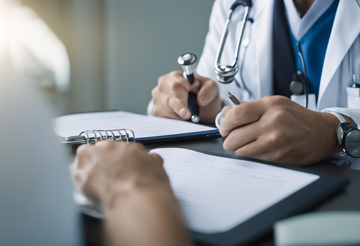 A doctor examines a swollen lymph node in the neck with a stethoscope and takes notes on a clipboard