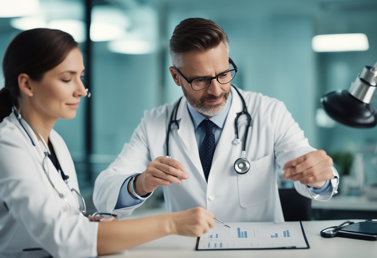 A doctor examines a swollen lymph node with a stethoscope, while a nurse prepares medication and a chart on the desk