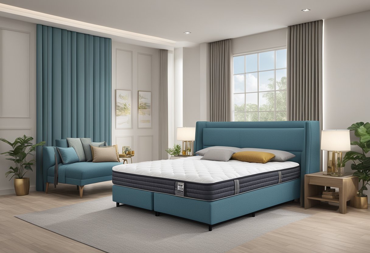 A display of various products and services offered by King Koil Singapore, including mattresses, pillows, and bedding accessories