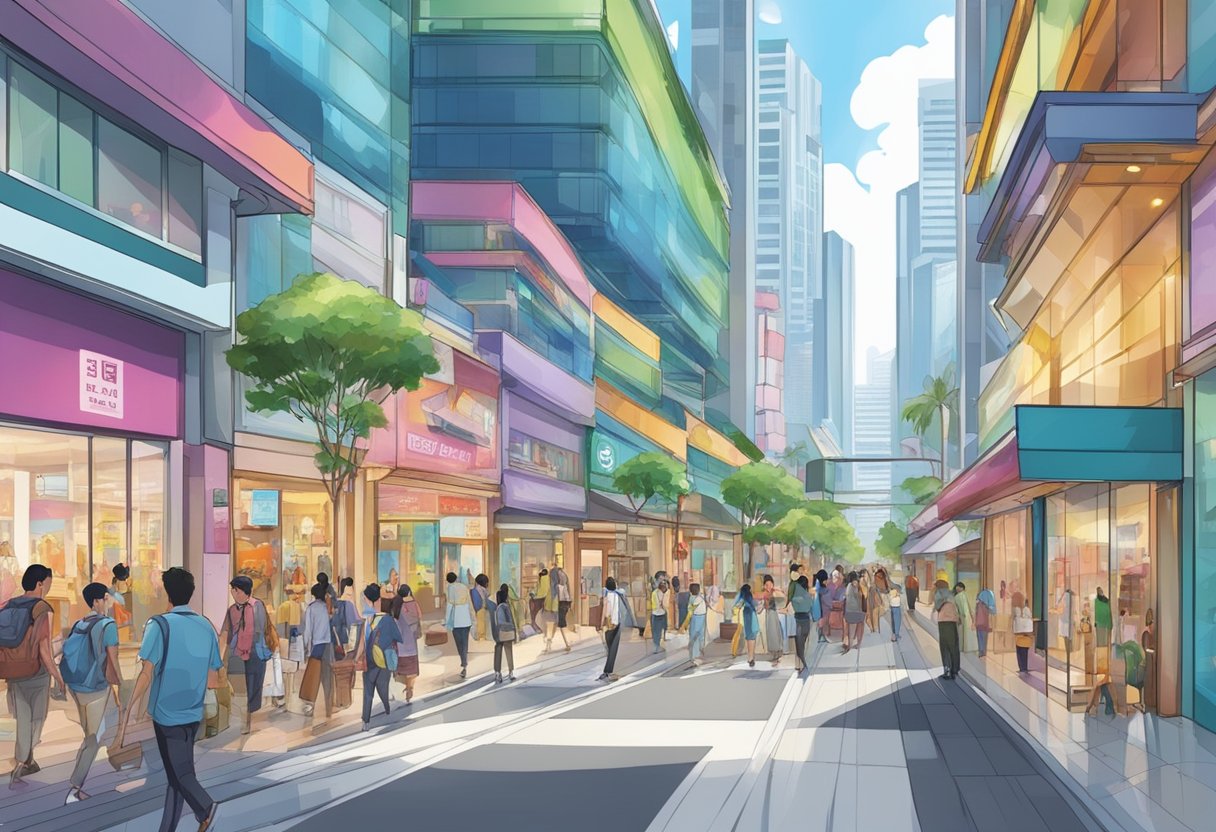 The bustling streets of MCC Singapore, with colorful shopfronts and busy pedestrians, surrounded by modern skyscrapers