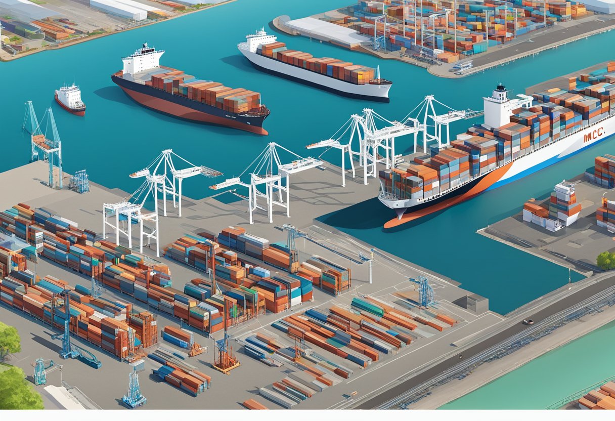 Aerial view of MCC Singapore port with ships and containers