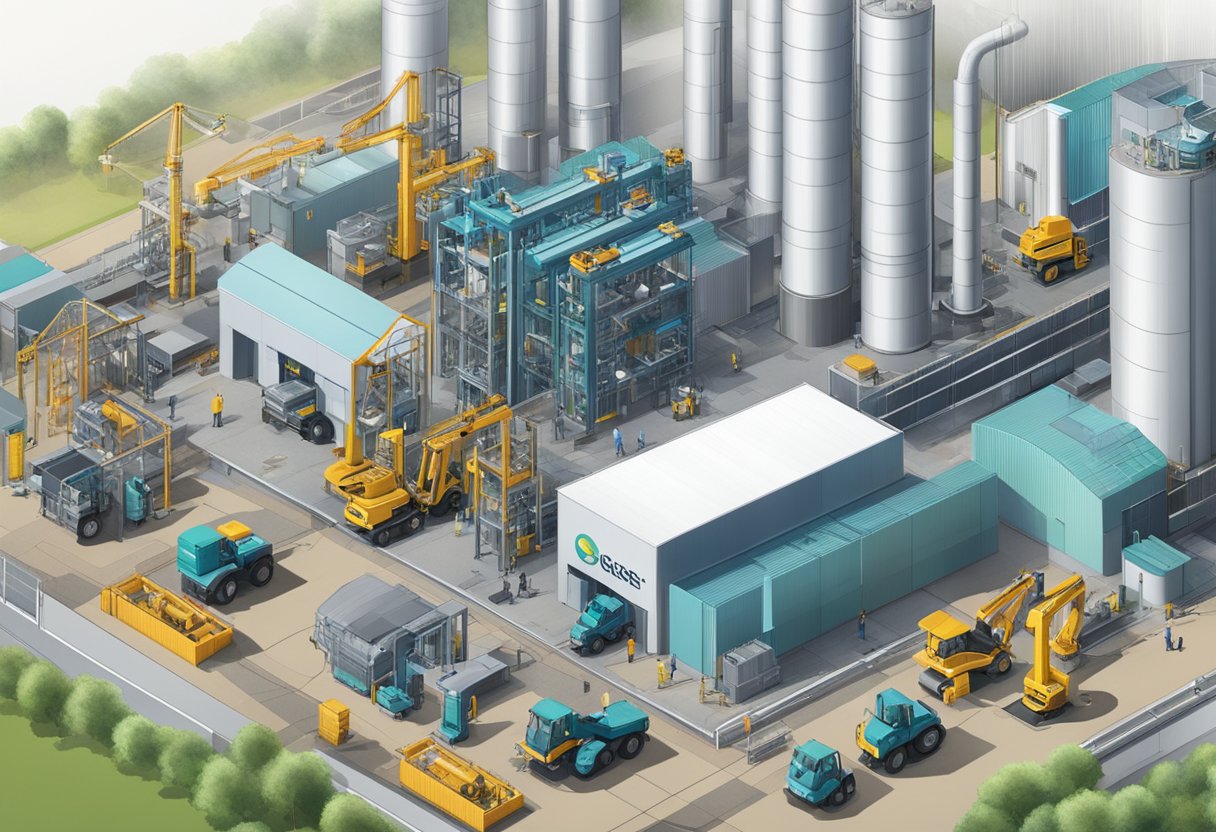 A bustling industrial site with workers and machinery, displaying efficiency and precision in operations at MCC Singapore
