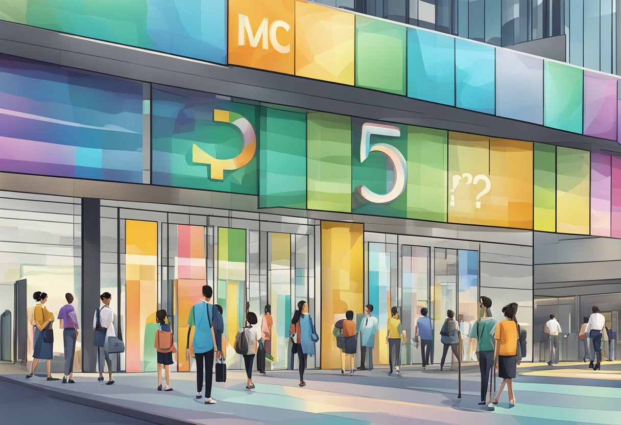 A colorful sign with "Frequently Asked Questions" displayed prominently outside the MCC Singapore building