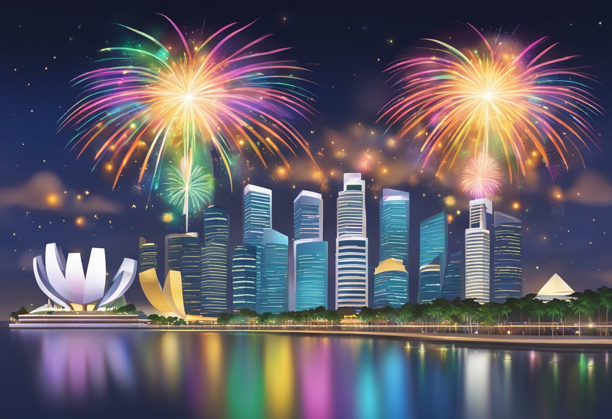 Colorful fireworks light up the night sky above the iconic skyline of Singapore, reflecting in the calm waters of Marina Bay