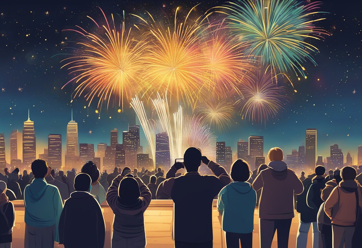 Colorful fireworks illuminate the night sky above a bustling cityscape, as crowds gather to watch the dazzling display