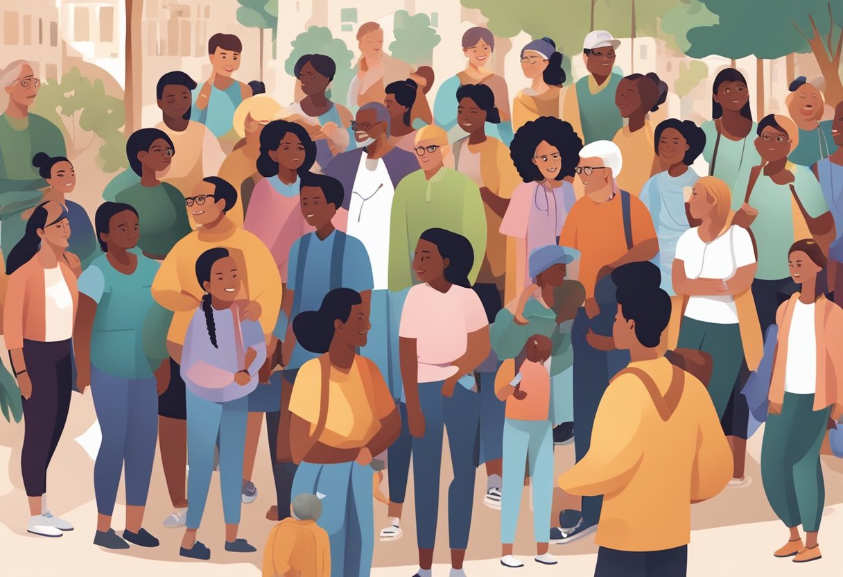 A diverse group of people of different ages, ethnicities, and abilities gather together in a public space, engaging in various activities and conversations, showcasing a sense of community and inclusivity