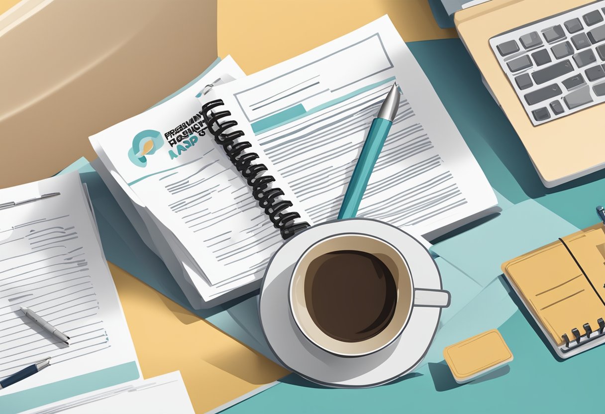A stack of papers with "Frequently Asked Questions ndp singapore" printed on top, surrounded by a laptop, pen, and a cup of coffee