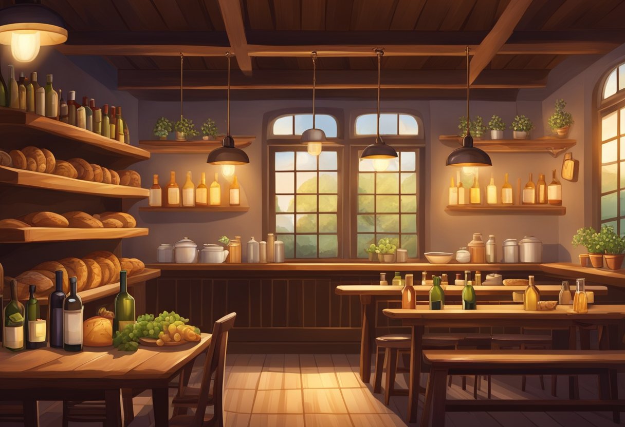 A cozy osteria with dim lighting, rustic wooden tables, and shelves lined with wine bottles. The aroma of freshly baked bread and sizzling garlic fills the air