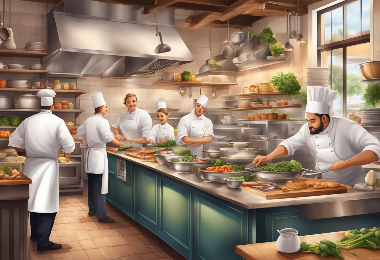 A bustling osteria kitchen with chefs creating signature dishes, surrounded by shelves of fresh ingredients and the aroma of culinary delights