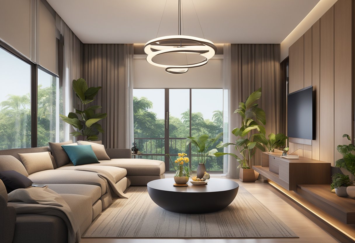 A sleek and modern pendant light illuminates a cozy Singaporean living room, casting a warm and inviting glow over the space