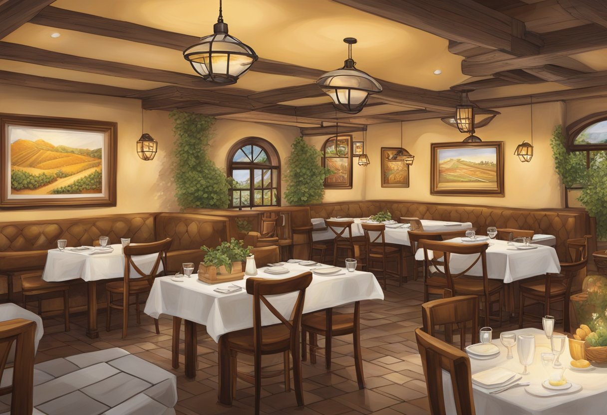 Warm, inviting lighting fills the cozy osteria. Guests enjoy lively conversations while savoring authentic Italian cuisine. The aroma of freshly baked bread and sizzling garlic fills the air