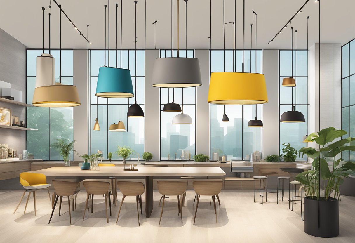 A display of various pendant light styles in a modern Singapore showroom