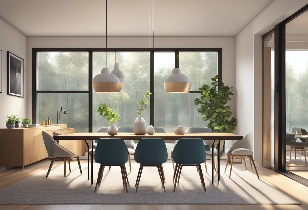 A modern living room with a high ceiling and large windows. A sleek, minimalist pendant light hangs above a stylish dining table, casting a warm glow over the space