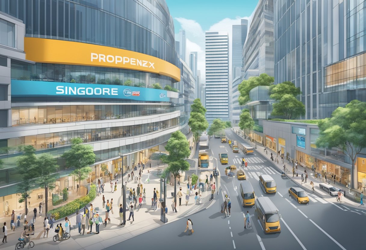 A bustling city street with a prominent "PropNex Singapore" sign on a modern office building. Pedestrians and traffic fill the scene