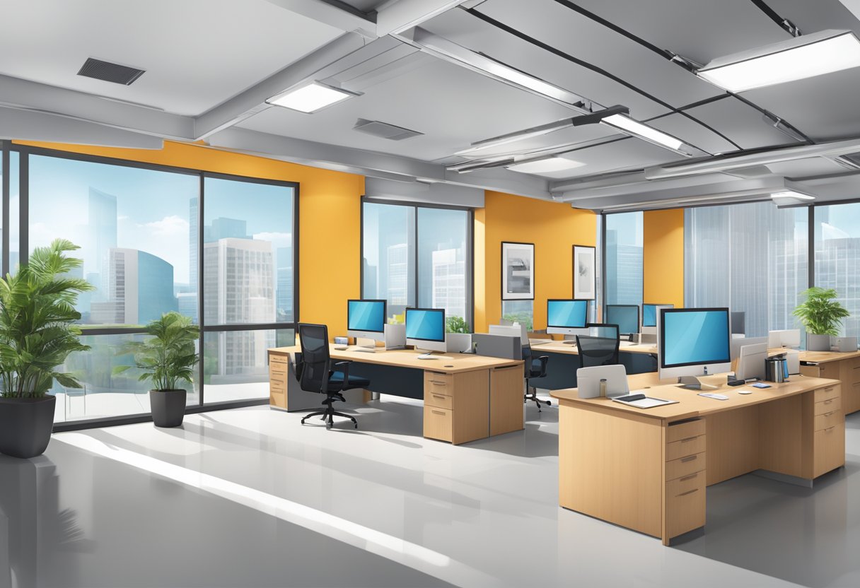 A bright office with modern decor, bustling with real estate agents assisting clients. The PropNex logo prominently displayed, conveying professionalism and trust