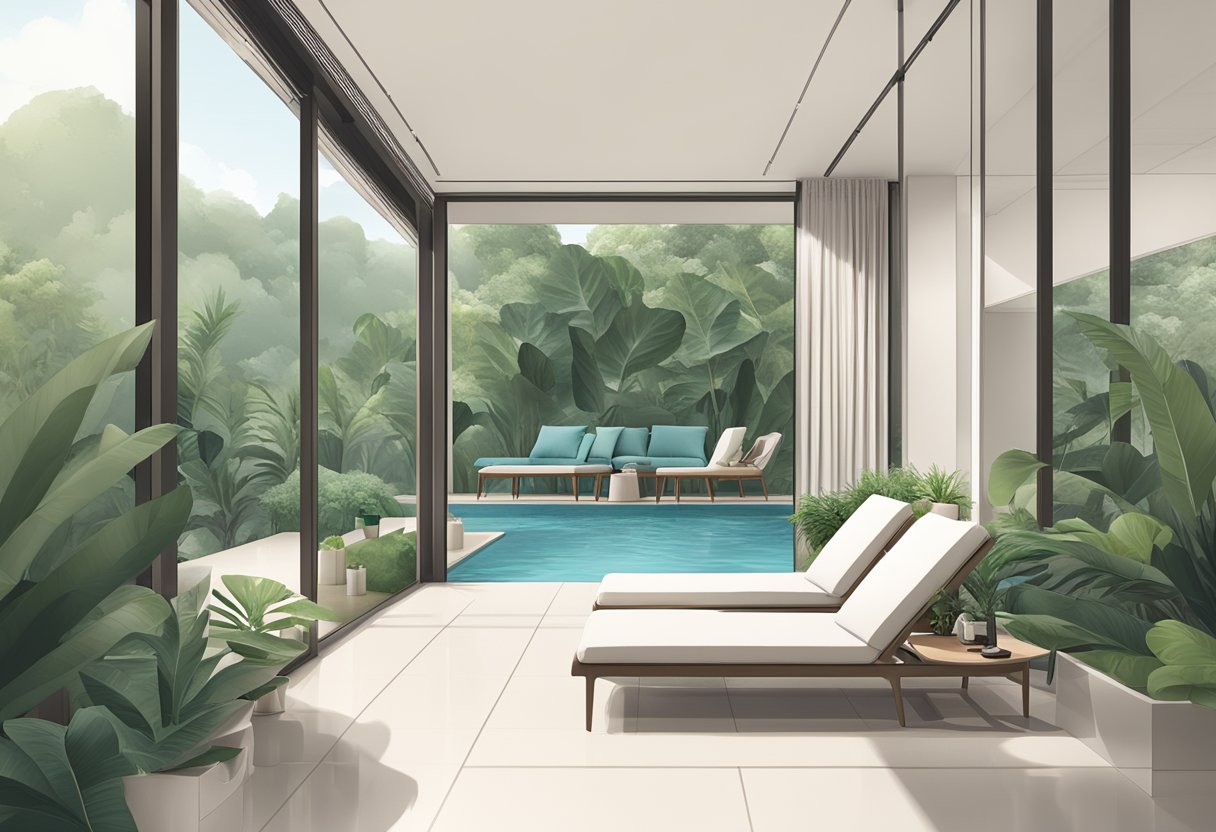 A serene poolside at RELX Singapore, with elegant lounge chairs, lush greenery, and a modern, minimalist design