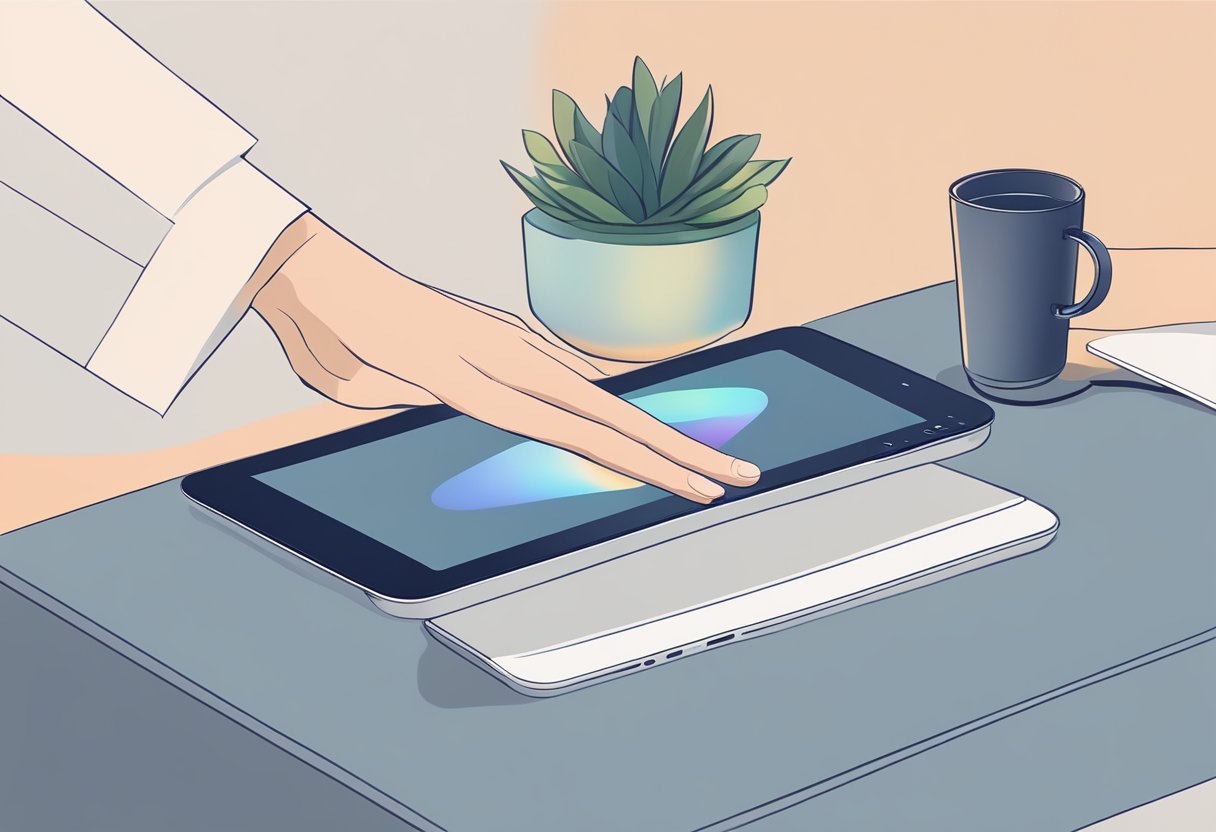A hand reaches for a sleek, modern Relx device on a table, surrounded by minimalist decor and soft lighting