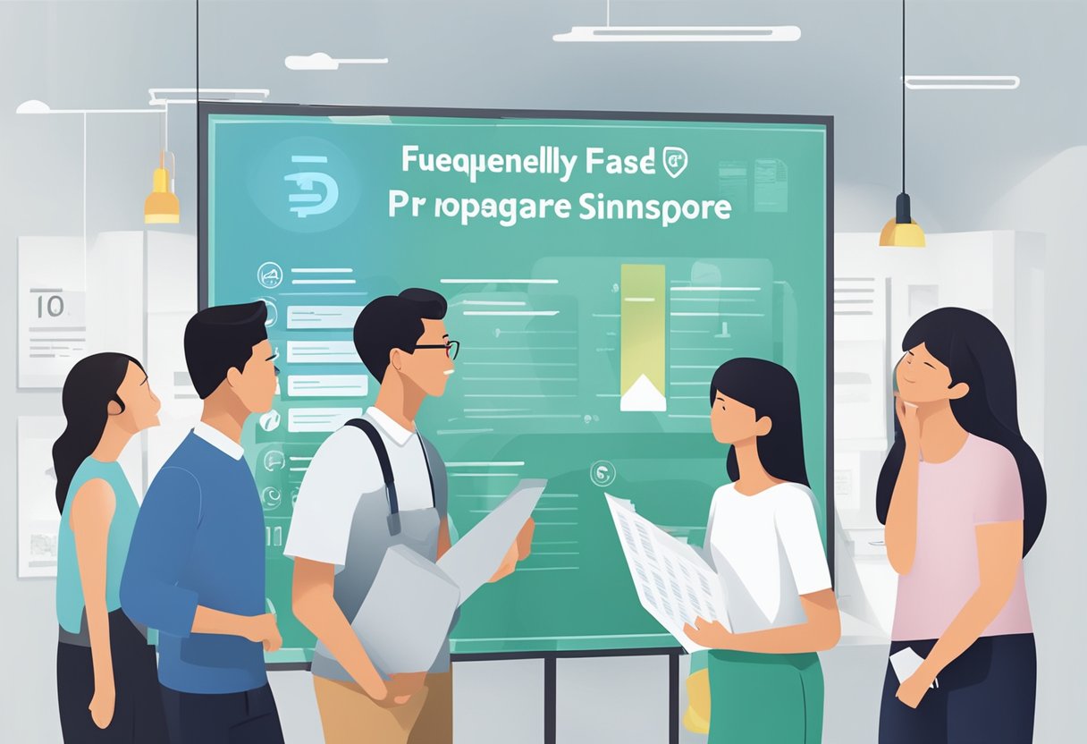 A group of people gathered around a display board labeled "Frequently Asked Questions propnex singapore." Some are pointing and discussing while others are reading the information