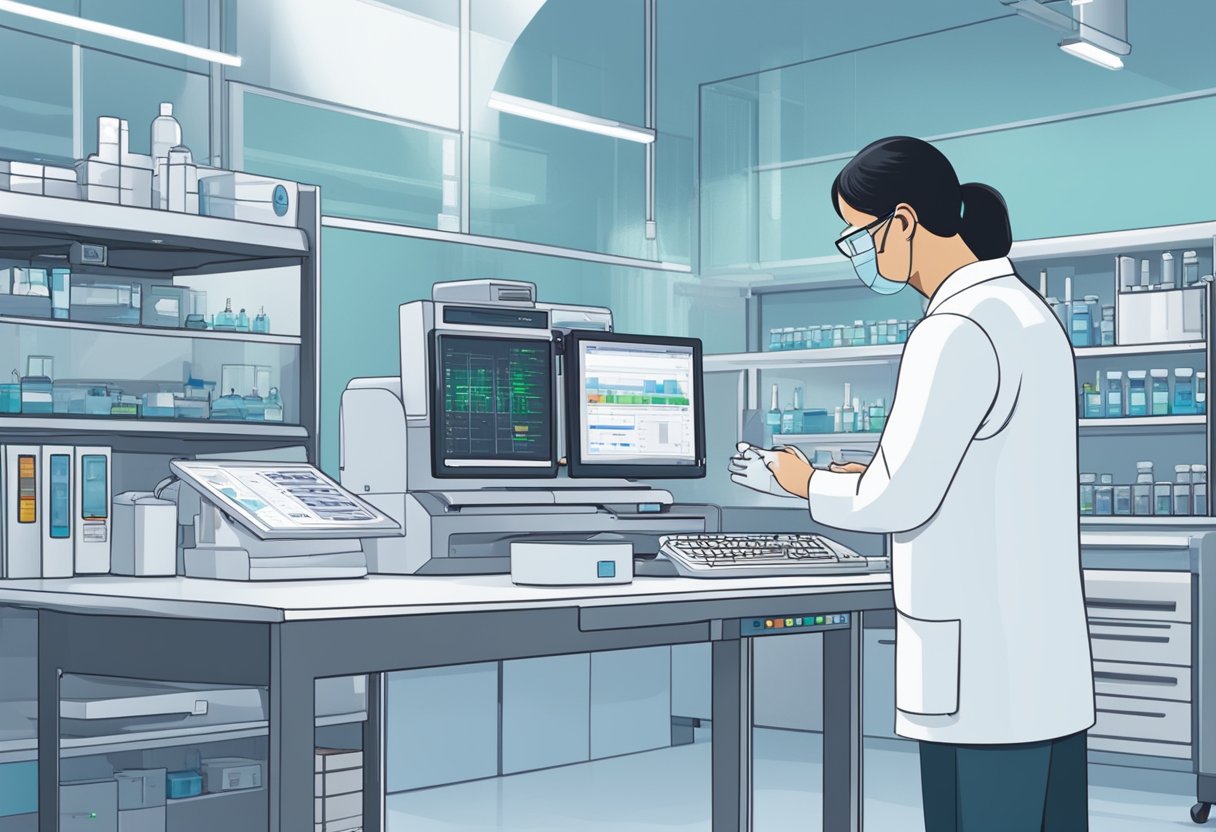 A laboratory setting with a technician conducting an RT-PCR test in Singapore. Equipment, such as a PCR machine and test kits, should be visible