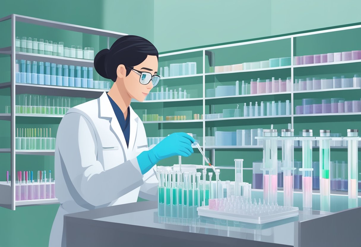 A laboratory technician conducts an RT-PCR test in a Singaporean lab, carefully pipetting samples into test tubes and analyzing the results
