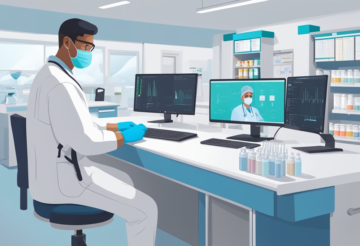 A person sits at a testing station, a healthcare worker administers an RT-PCR test. The setting is clean and organized, with medical equipment and signage visible