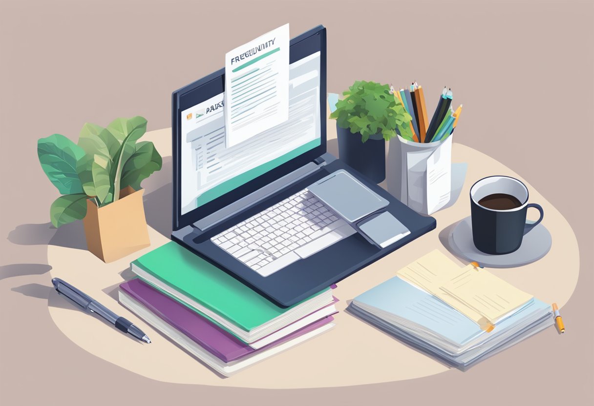 A table with a laptop, a stack of papers, and a pen. A sign with "Frequently Asked Questions relx singapore" displayed prominently