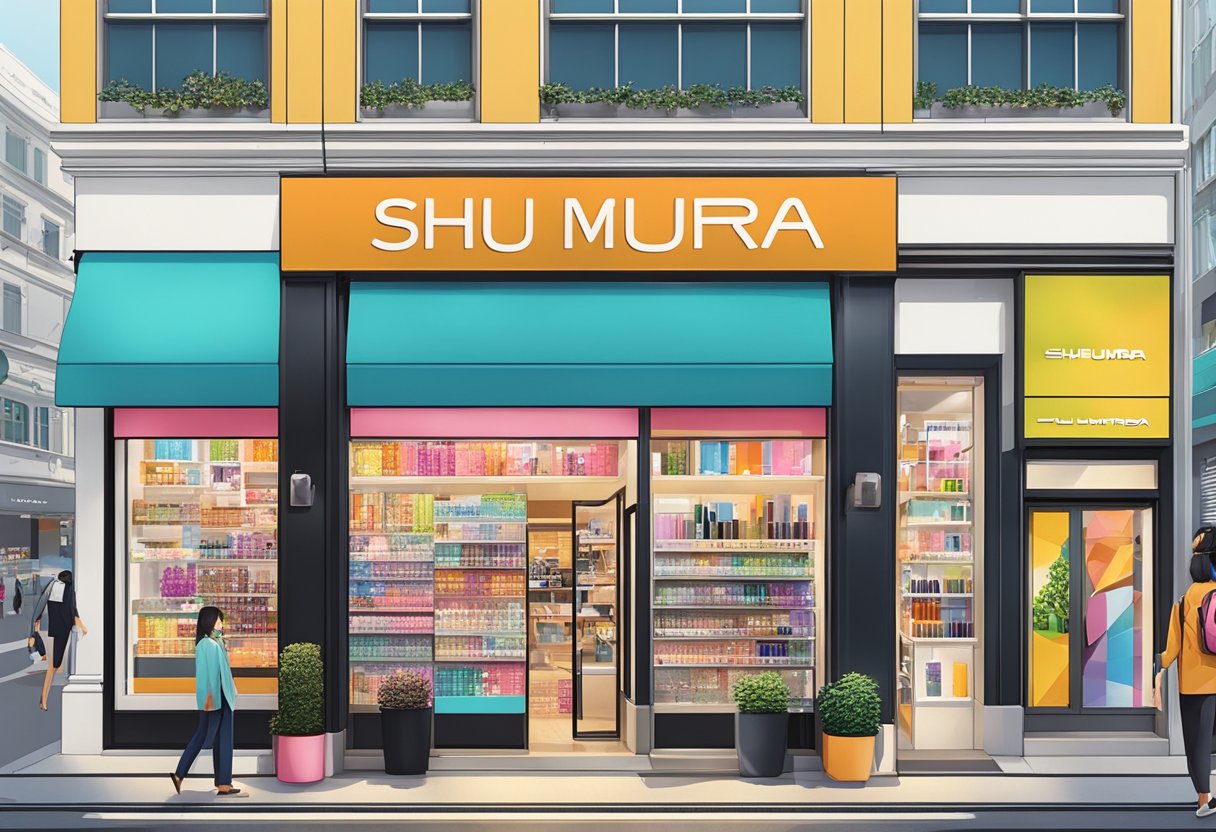Vibrant cityscape of Shu Uemura Singapore storefront, surrounded by bustling streets and colorful signage