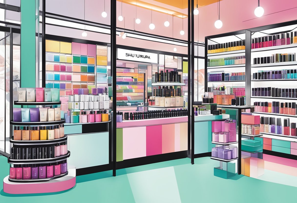 A vibrant display of Shu Uemura beauty products in a sleek Singaporean storefront. Bold colors and elegant packaging catch the eye