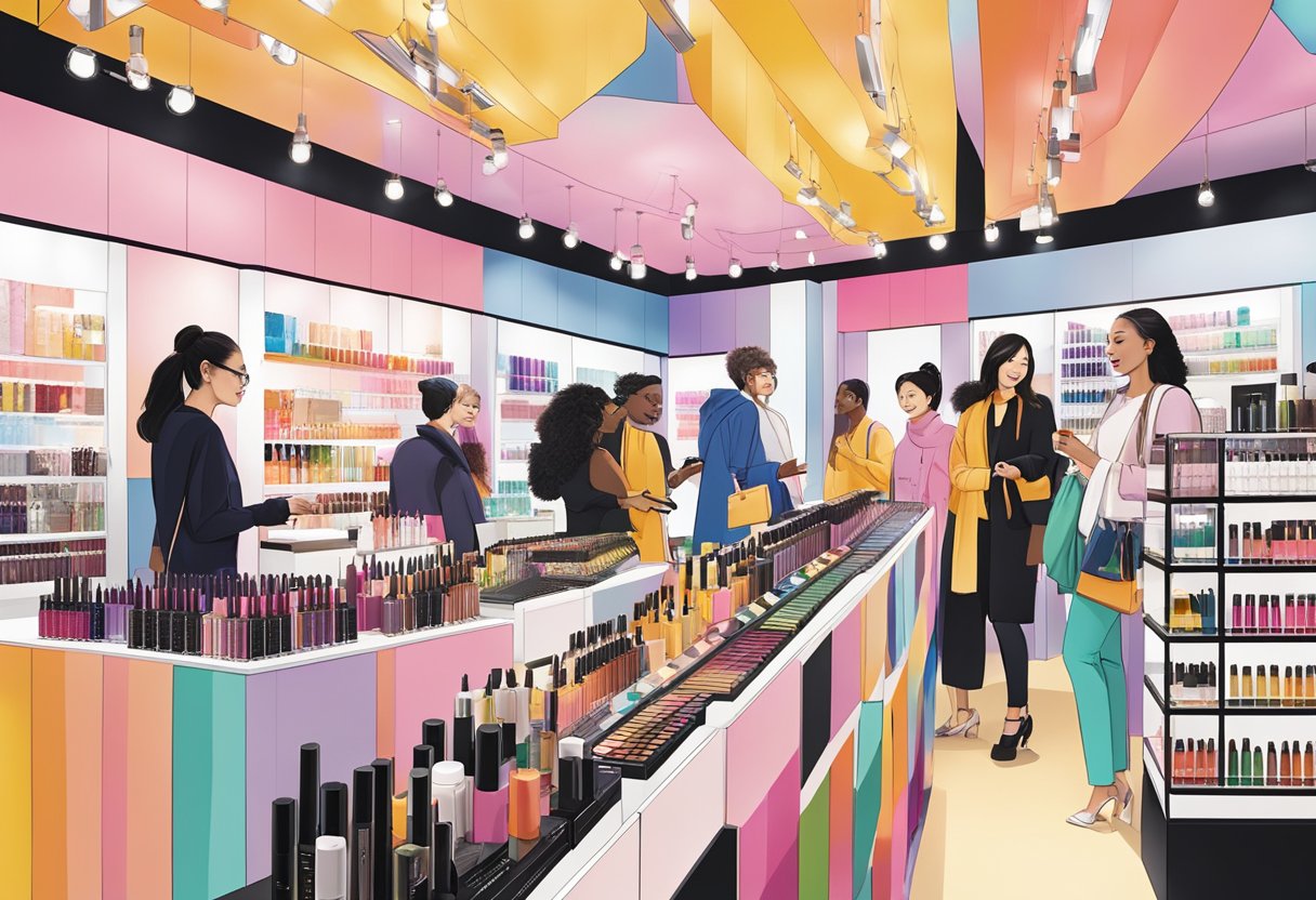 A group of diverse people gather around a vibrant display of Shu Uemura products, chatting and smiling as they explore the brand's latest offerings