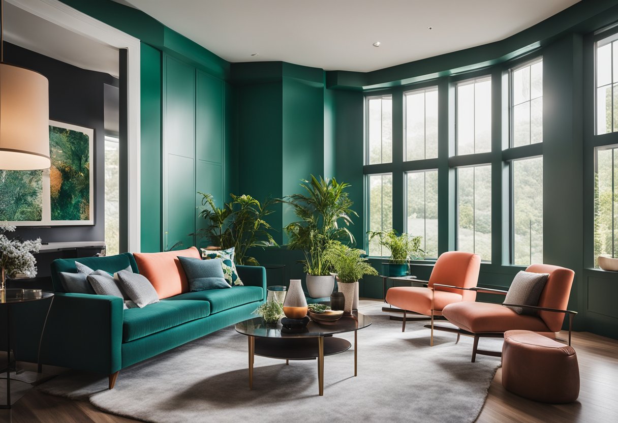 Vibrant hues of emerald, sapphire, and coral blend in a modern living room setting with natural light streaming through large windows