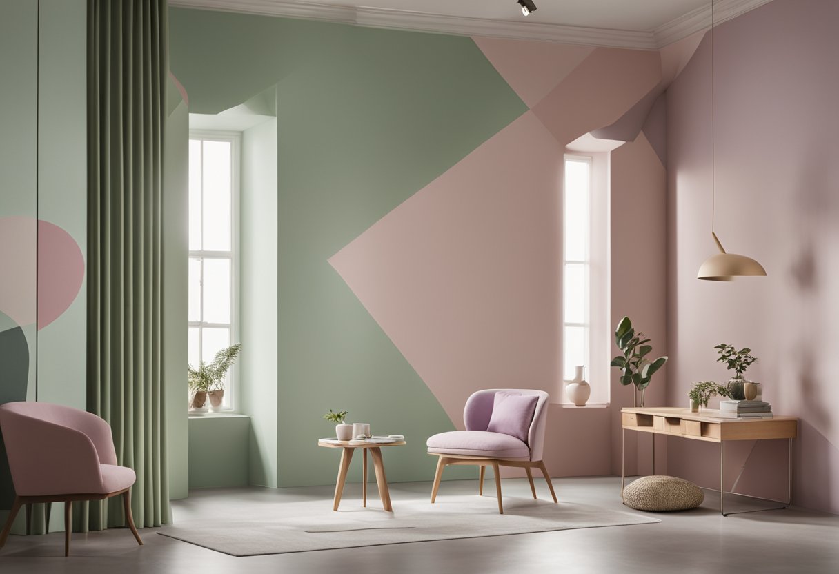The room is painted in a blend of soft pastel colors, with a focus on muted tones like sage green, dusty pink, and light lavender. The walls are adorned with artwork featuring abstract shapes and patterns in complementary shades