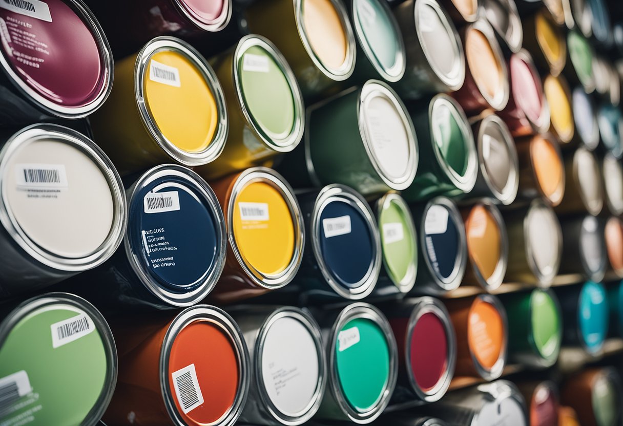 A palette of eco-friendly paint cans arranged next to a wall with trendy color swatches for 2024. The cans display labels promoting sustainable paint innovations