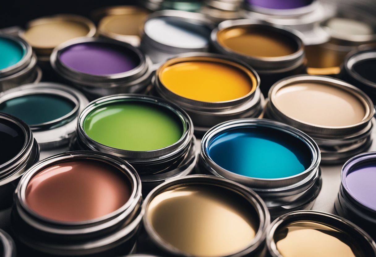 A variety of paint finishes and textures in trending colors for 2024 are displayed on a palette, showcasing matte, glossy, metallic, and textured options