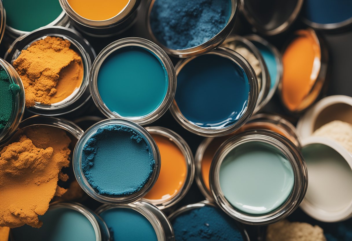 A vibrant palette of accent colors, including bold blues, rich greens, and warm oranges, are showcased against a backdrop of neutral tones. These combinations reflect the top paint color trends for 2024