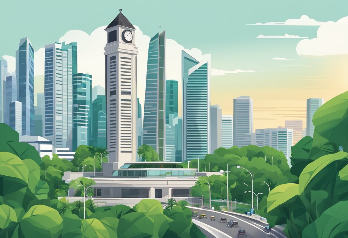 A clock tower in Singapore, surrounded by lush greenery and modern buildings, with the iconic city skyline in the background
