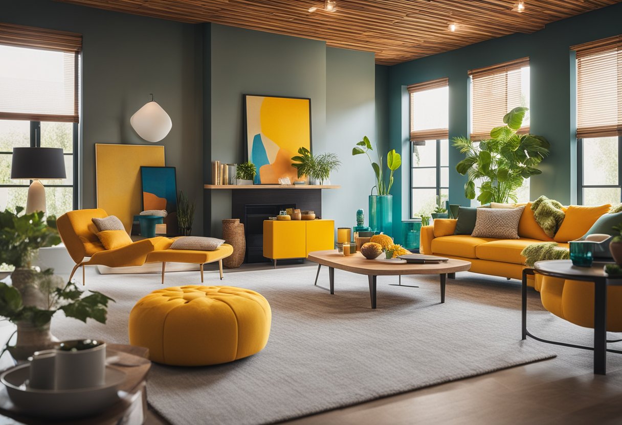 A bright, modern living room with walls painted in vibrant, energizing shades of yellow and orange, accented with calming, grounding touches of green and blue