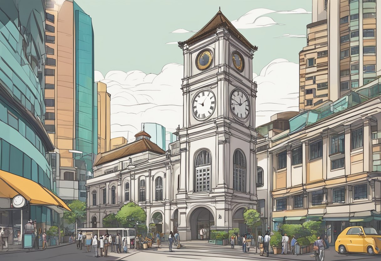 A large clock tower in Singapore with "Frequently Asked Questions" displayed on the face. Surrounding buildings and a bustling street