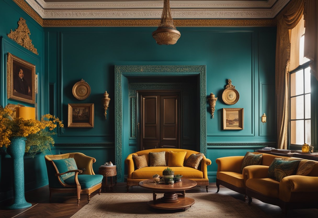 Vibrant hues of teal, mustard, and terracotta adorn a room with ornate moldings and vintage furniture, capturing the essence of historical color revivals for 2024