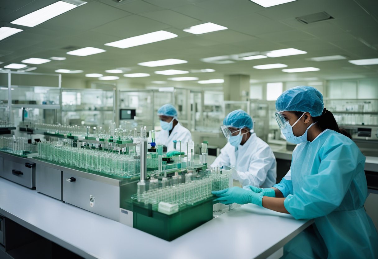 A laboratory setting with researchers in protective gear testing samples for Lassa fever. Equipment and signage indicate prevention and control strategies