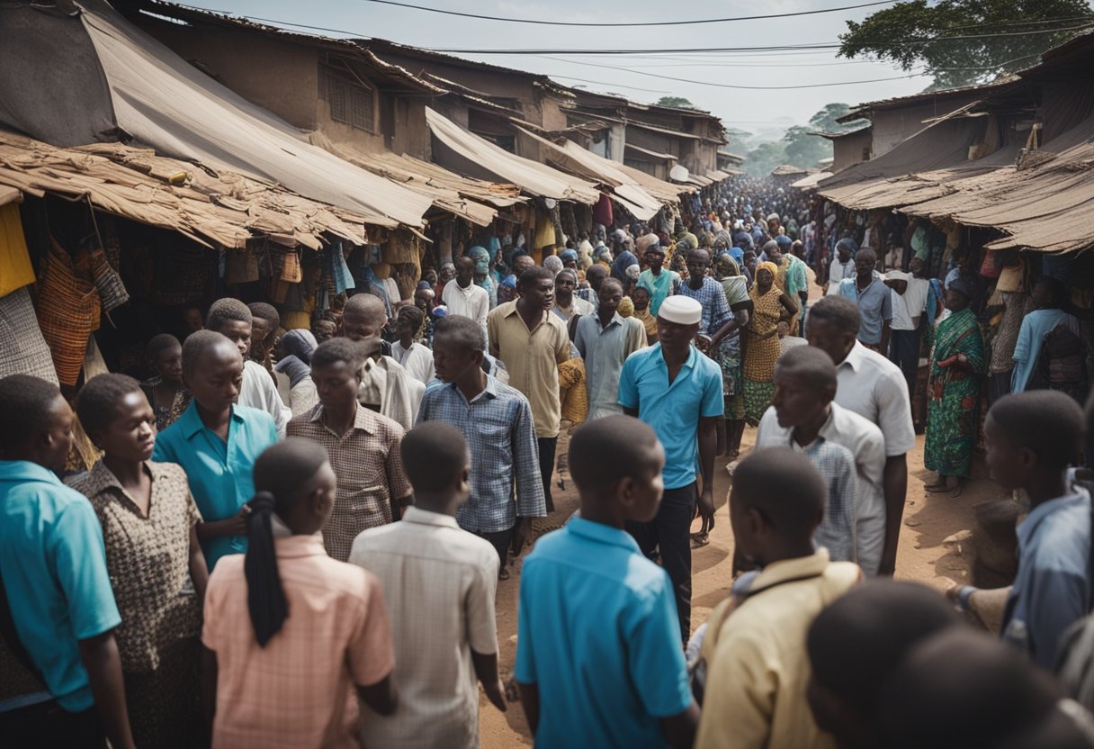 A crowded marketplace with people buying and selling goods, while health workers distribute information about Lassa fever prevention and treatment