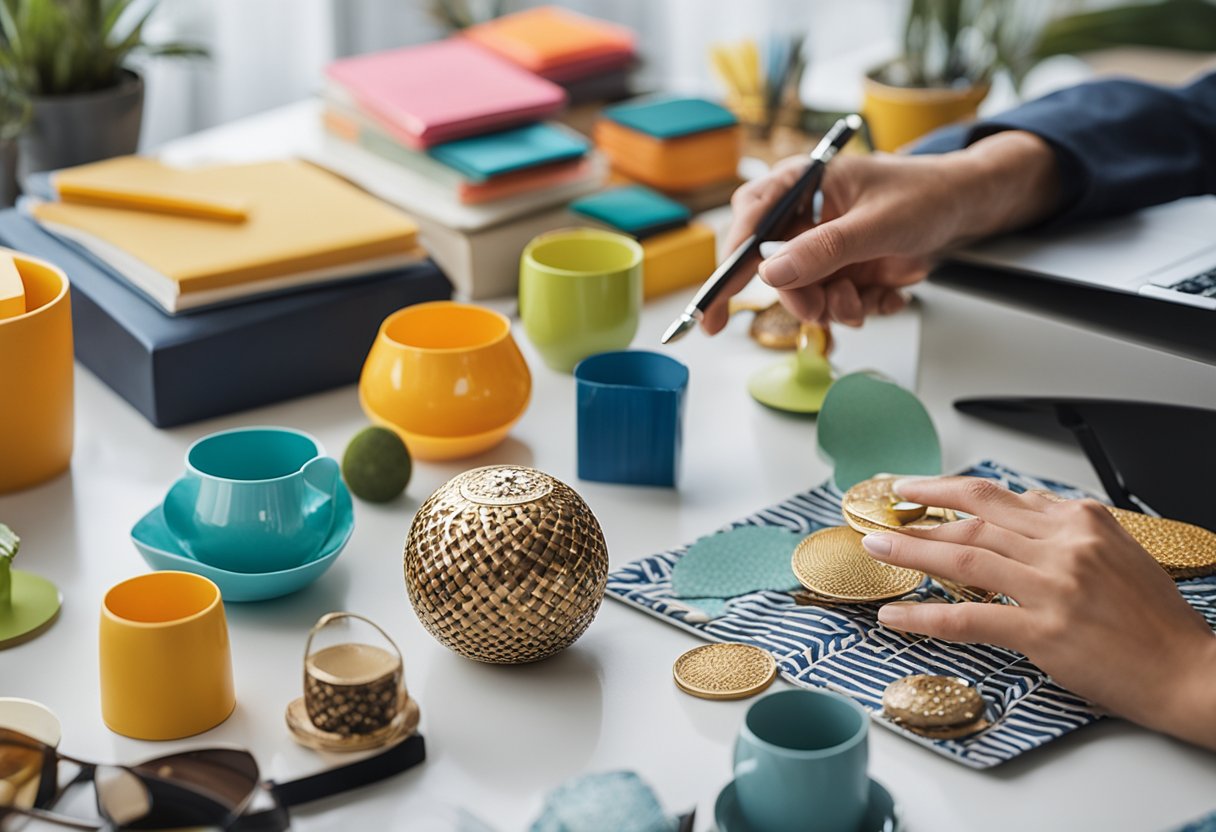 A person arranging colorful decor items on a desk with a variety of patterns and textures. Bright accents add personality to the home office space