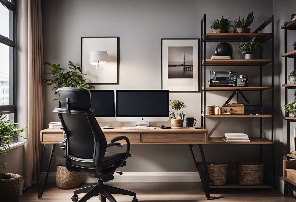 A cozy home office with a sleek desk, adjustable chair, and stylish decor. A standing desk option with a monitor stand and a comfortable work chair